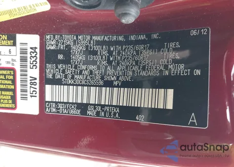 2012 Toyota Sienna Le V6 8 Passenger z USA, uszkodzony, nr VIN 5TDKK3DC8CS265596